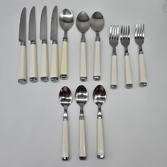 Cambridge Lot of 13 Stainless Steel Flatware with Square Plastic Handle Ivory - Picture 2 of 7